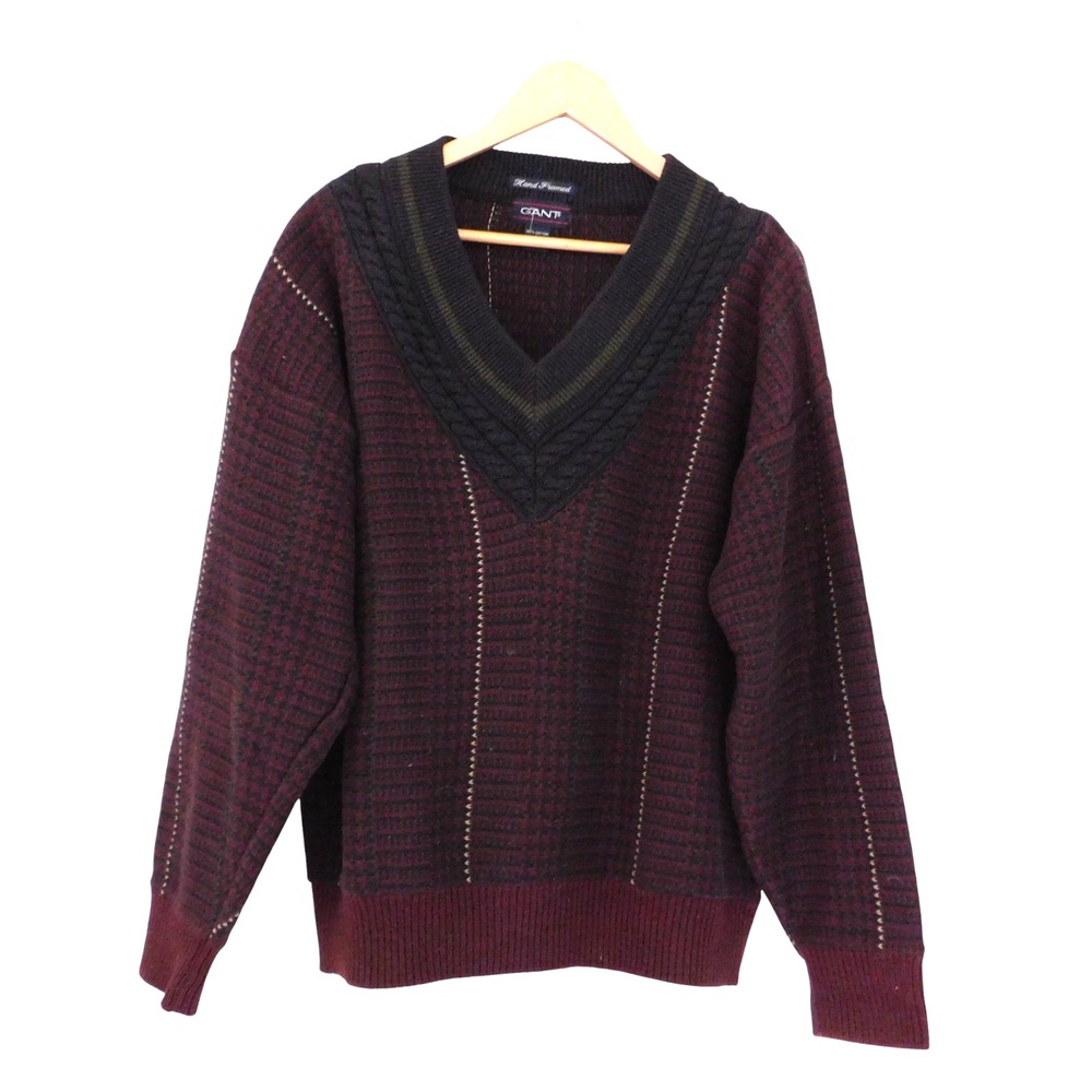 GANT Sweater Men's L Blue  V Neck ‎ Cotton Cable  Knit Hand Framed Cricket VTG